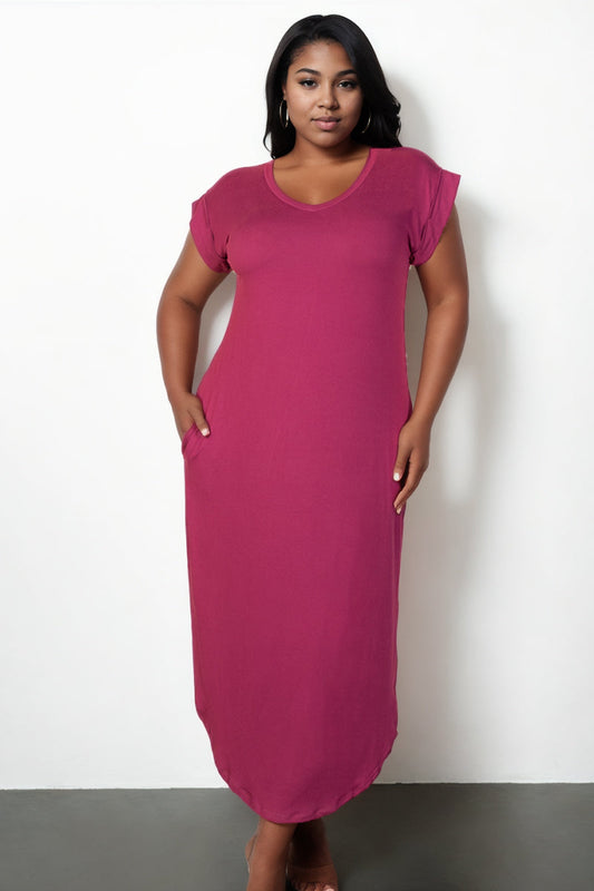 Plus Size Long Dress with Batwing Sleeves, V-Neckline, and Concealed Pockets