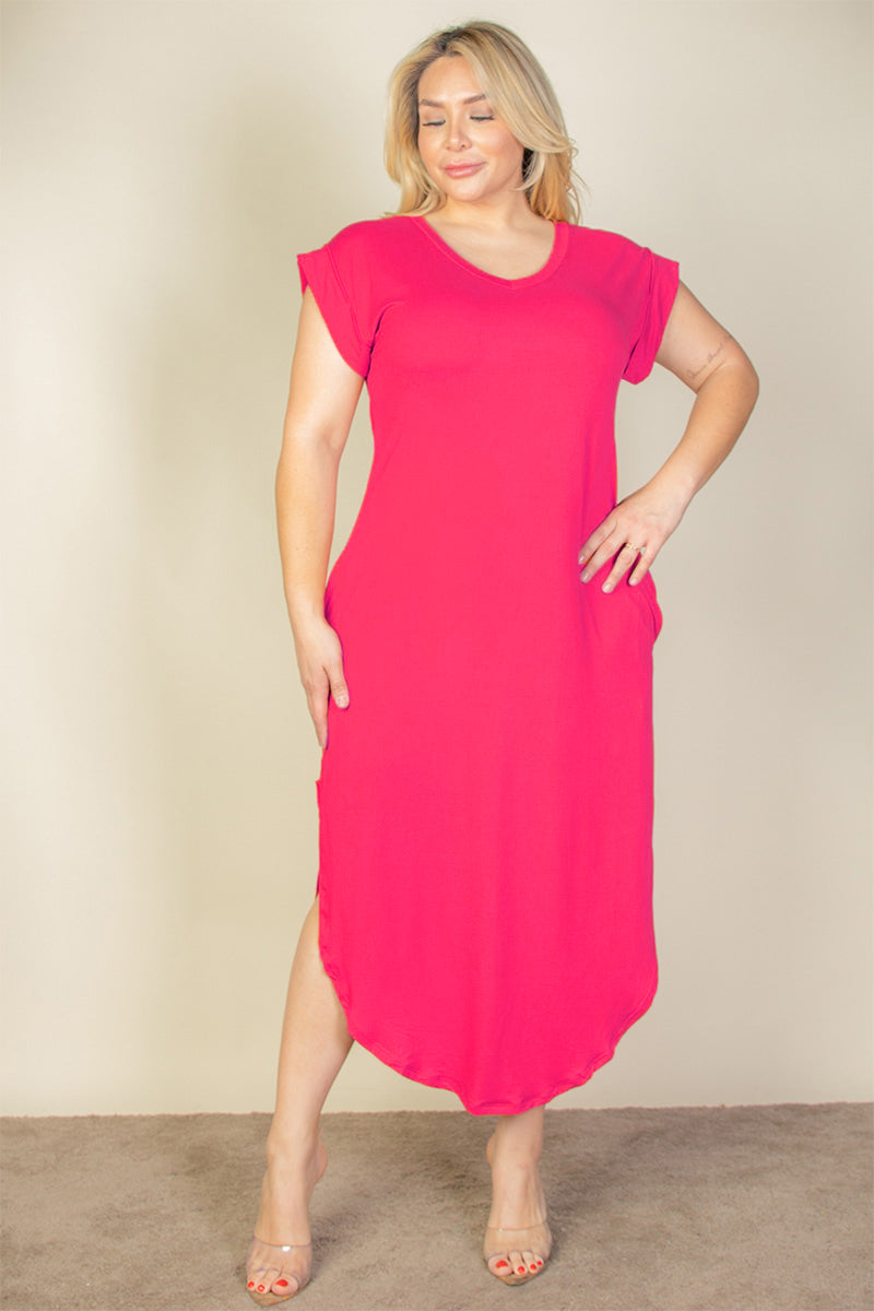 Plus Size Long Dress with Batwing Sleeves, V-Neckline, and Concealed Pockets