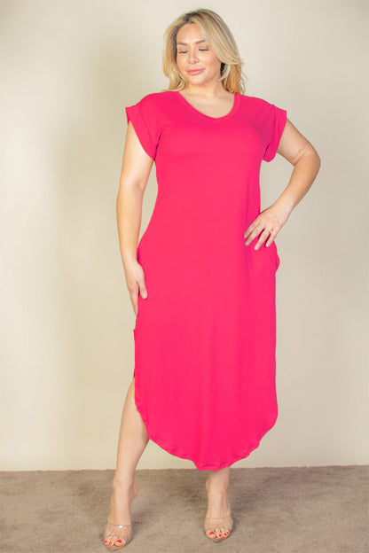 Plus Size Long Dress with Batwing Sleeves, V-Neckline, and Concealed Pockets