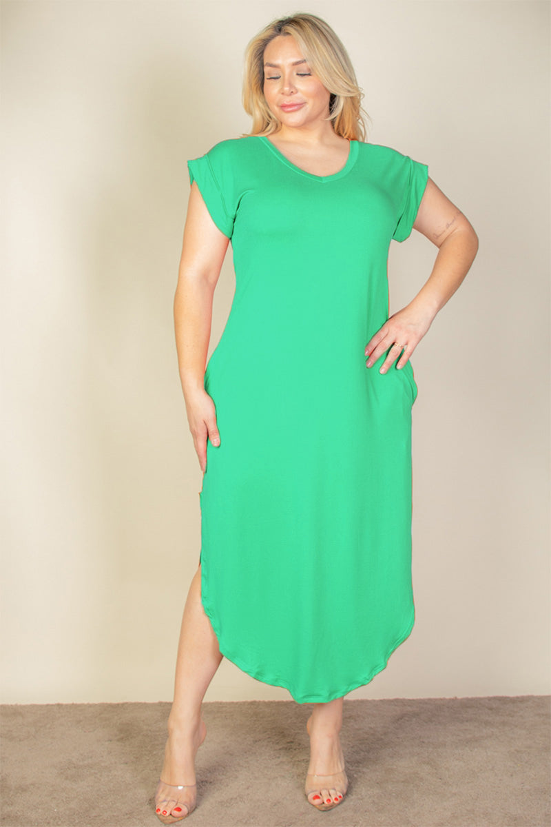 Plus Size Long Dress with Batwing Sleeves, V-Neckline, and Concealed Pockets