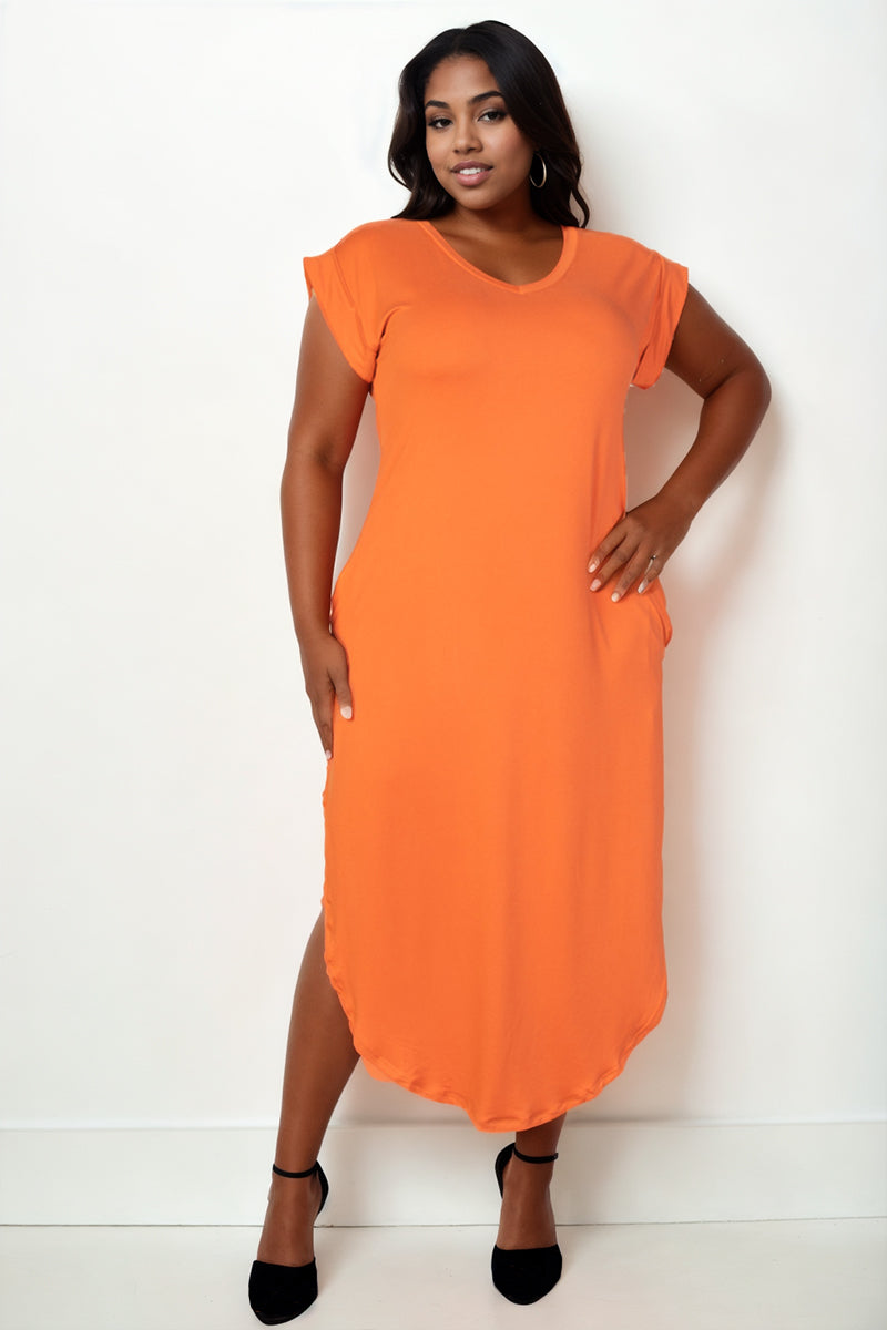 Plus Size Long Dress with Batwing Sleeves, V-Neckline, and Concealed Pockets