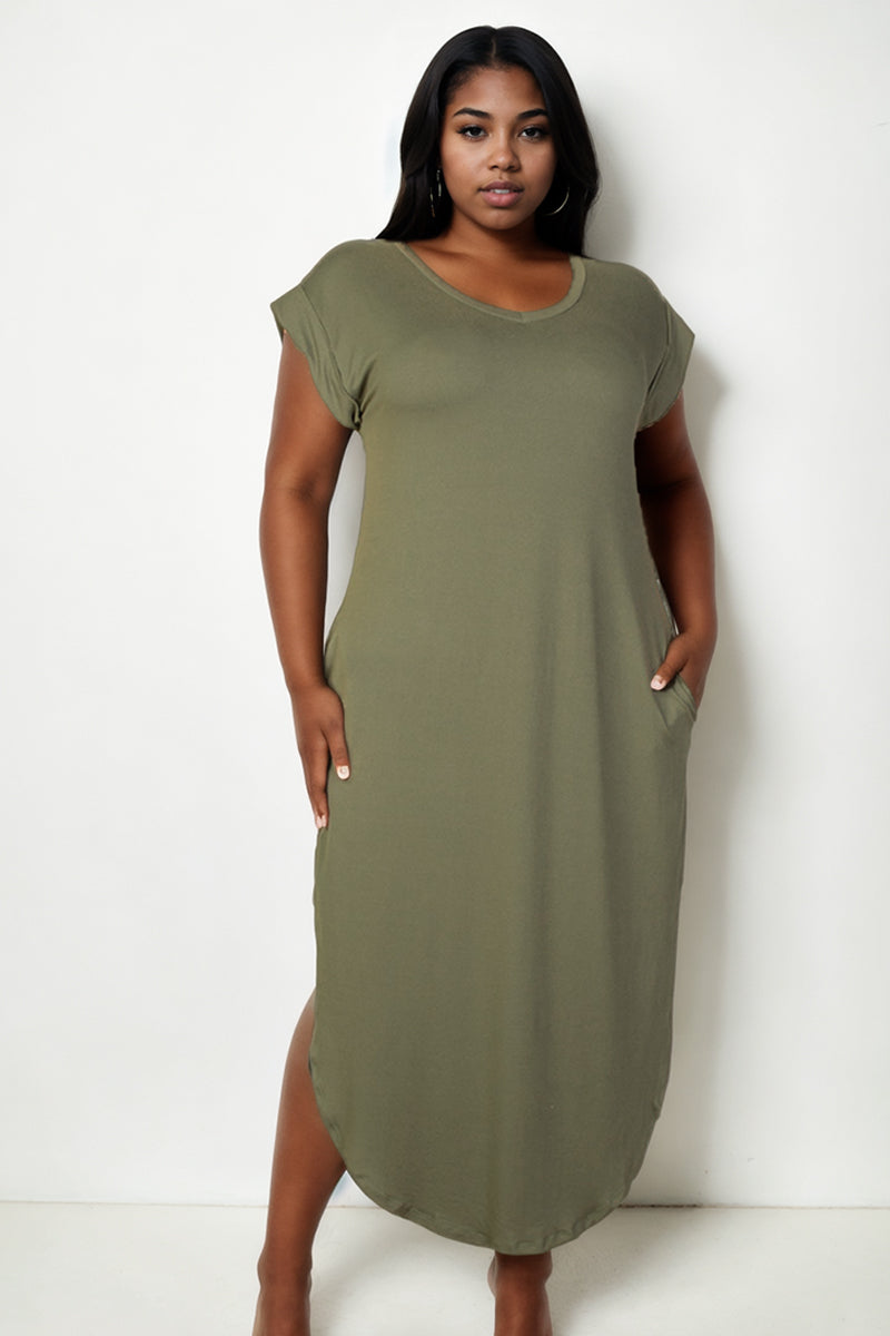 Plus Size Long Dress with Batwing Sleeves, V-Neckline, and Concealed Pockets