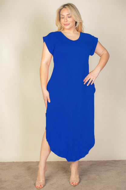 Plus Size Long Dress with Batwing Sleeves, V-Neckline, and Concealed Pockets