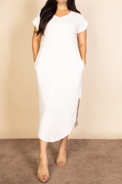 Plus Size Long Dress with Batwing Sleeves, V-Neckline, and Concealed Pockets