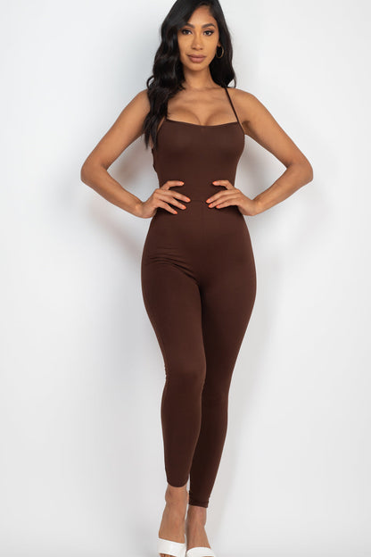 Open Back Bodycon Jumpsuit with Crossed Straps