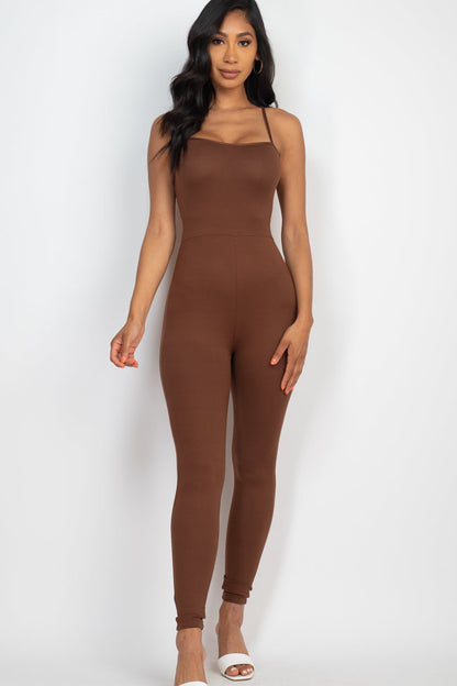 Open Back Bodycon Jumpsuit with Crossed Straps