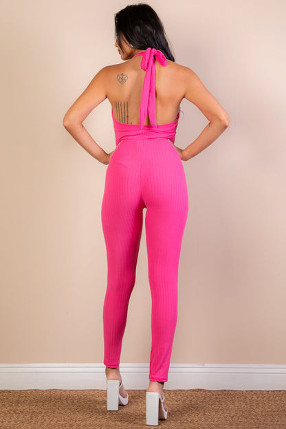 Ribbed Bodycon Jumpsuit with a Halter V-Neck