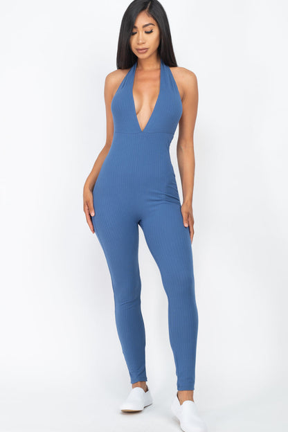 Ribbed Bodycon Jumpsuit with a Halter V-Neck