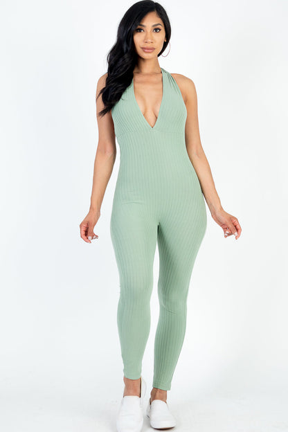 Ribbed Bodycon Jumpsuit with a Halter V-Neck