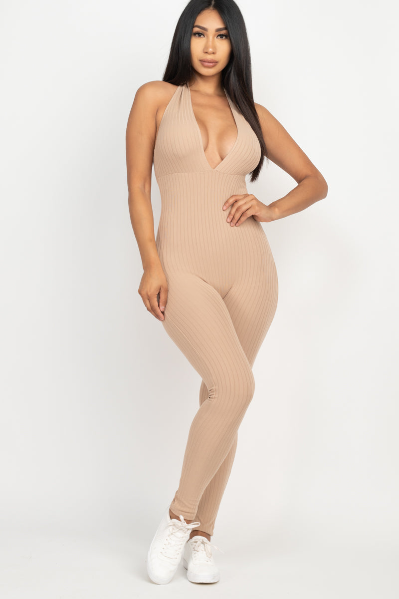 Ribbed Bodycon Jumpsuit with a Halter V-Neck