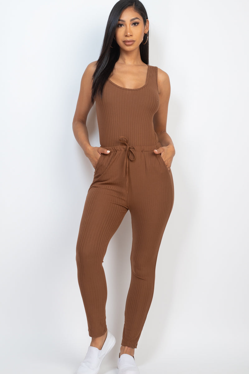 Drawstring Ribbed Sleeveless Jumpsuit