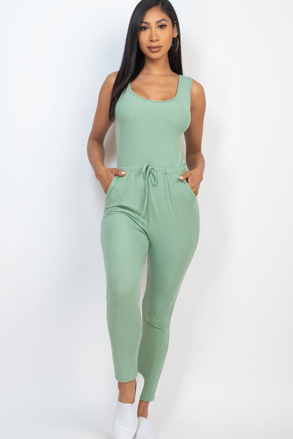 Drawstring Ribbed Sleeveless Jumpsuit