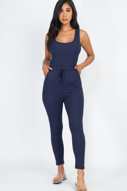 Drawstring Ribbed Sleeveless Jumpsuit