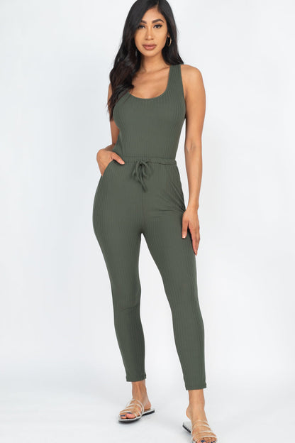 Drawstring Ribbed Sleeveless Jumpsuit