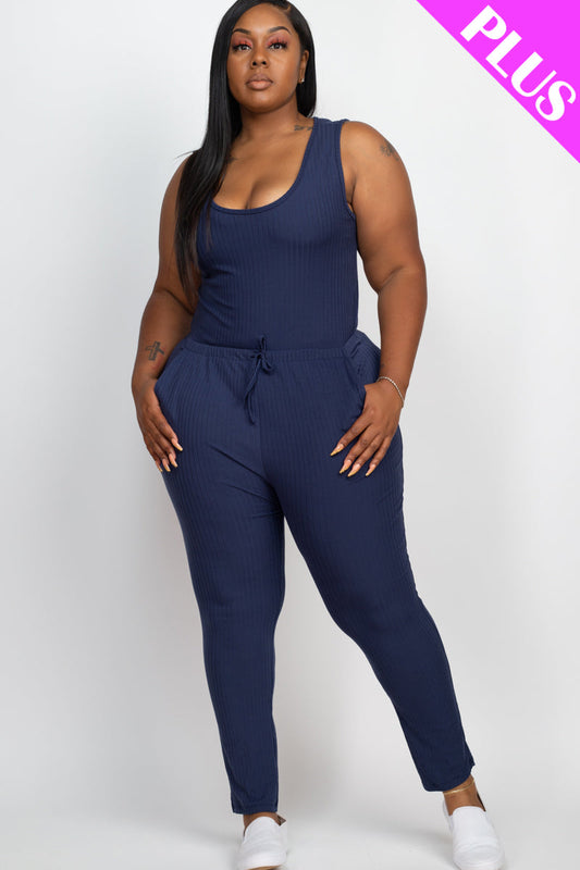 Ribbed Sleeveless Jumpsuit with Drawstring Waist in Plus Size