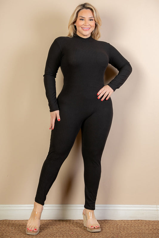 Mock Neck Long Sleeve Casual Jumpsuit in Plus Size Ribbed Fabric