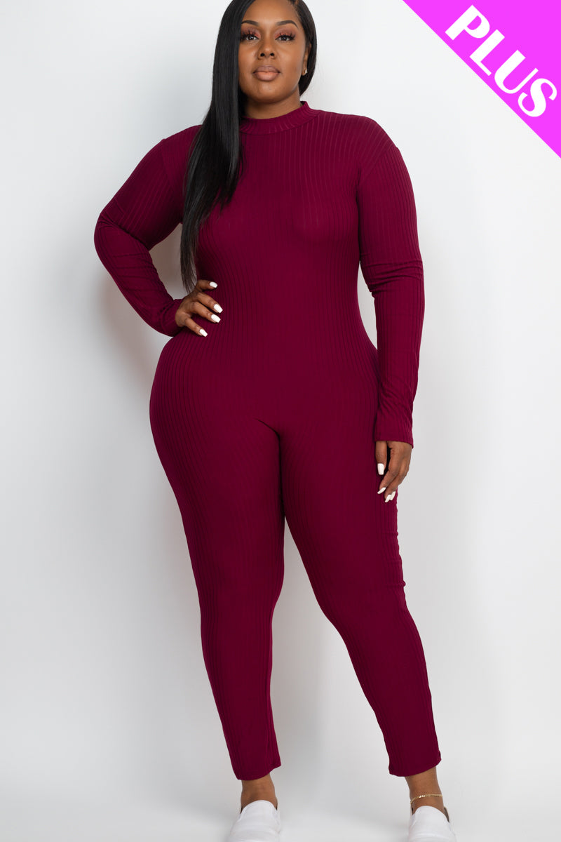 Mock Neck Long Sleeve Casual Jumpsuit in Plus Size Ribbed Fabric