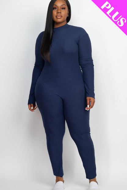 Mock Neck Long Sleeve Casual Jumpsuit in Plus Size Ribbed Fabric