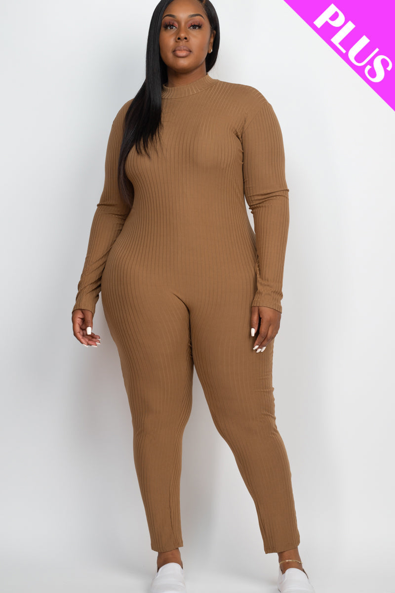 Mock Neck Long Sleeve Casual Jumpsuit in Plus Size Ribbed Fabric