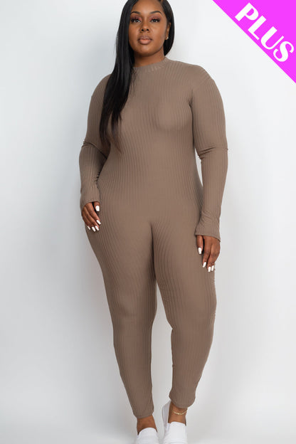 Mock Neck Long Sleeve Casual Jumpsuit in Plus Size Ribbed Fabric