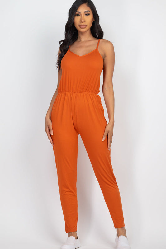 Solid Color Jumpsuit with Spaghetti Straps and Elastic Waist