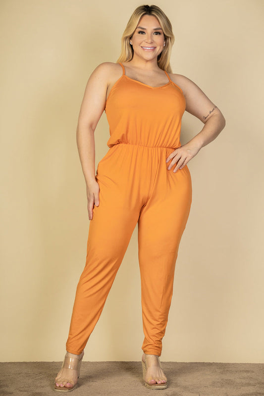 Solid Spaghetti Strap Elastic Waist Jumpsuit for Plus Sizes