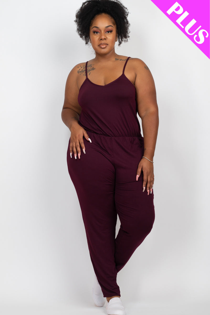 Solid Spaghetti Strap Elastic Waist Jumpsuit for Plus Sizes