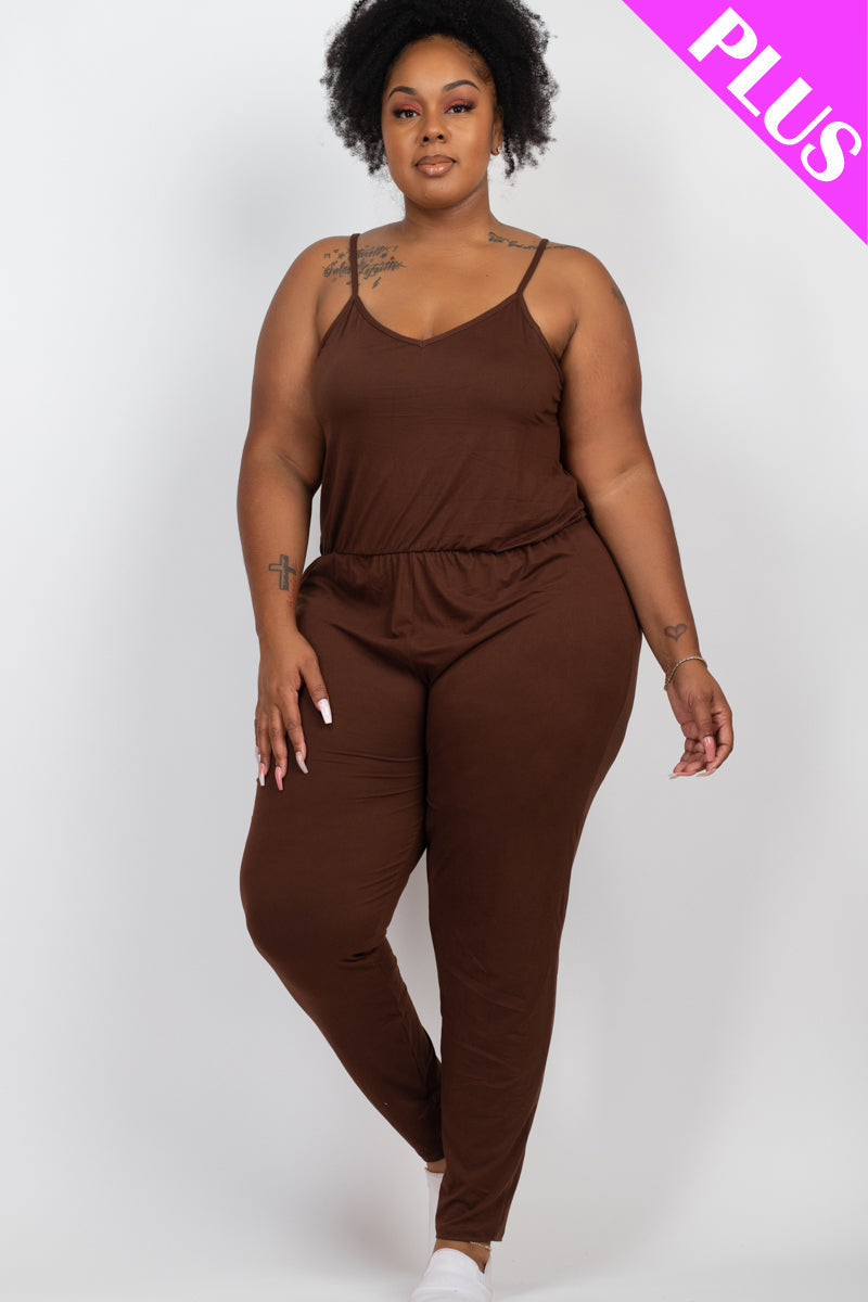 Solid Spaghetti Strap Elastic Waist Jumpsuit for Plus Sizes