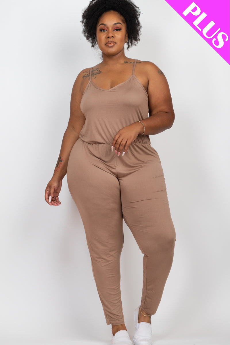 Solid Spaghetti Strap Elastic Waist Jumpsuit for Plus Sizes