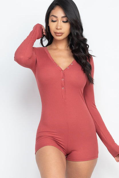 Long Sleeve Ribbed Button Neck Bodycon Romper