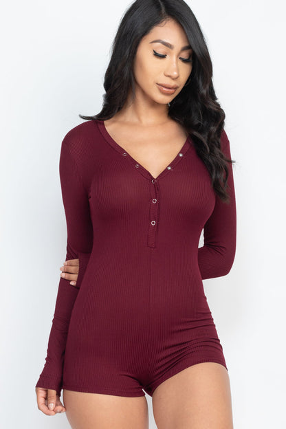 Long Sleeve Ribbed Button Neck Bodycon Romper