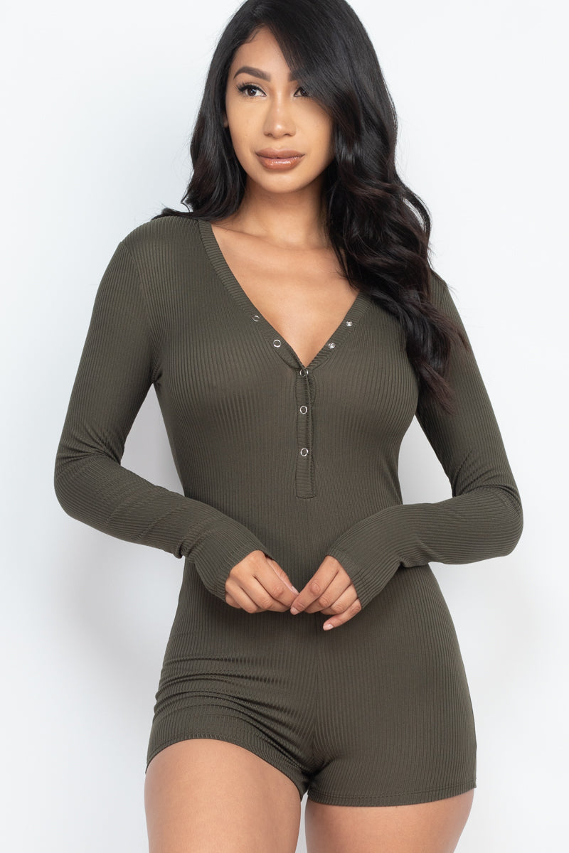 Long Sleeve Ribbed Button Neck Bodycon Romper