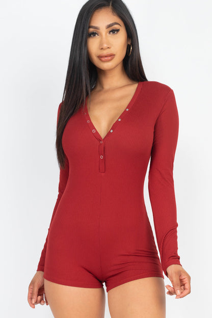 Long Sleeve Ribbed Button Neck Bodycon Romper