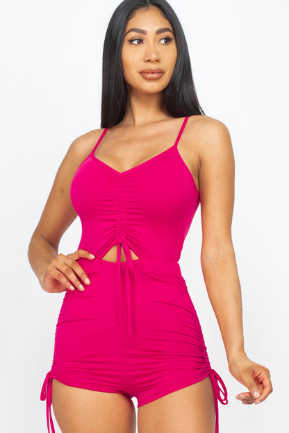 Solid Ruched Drawstring Cut-Out Front Cami Jumpsuit