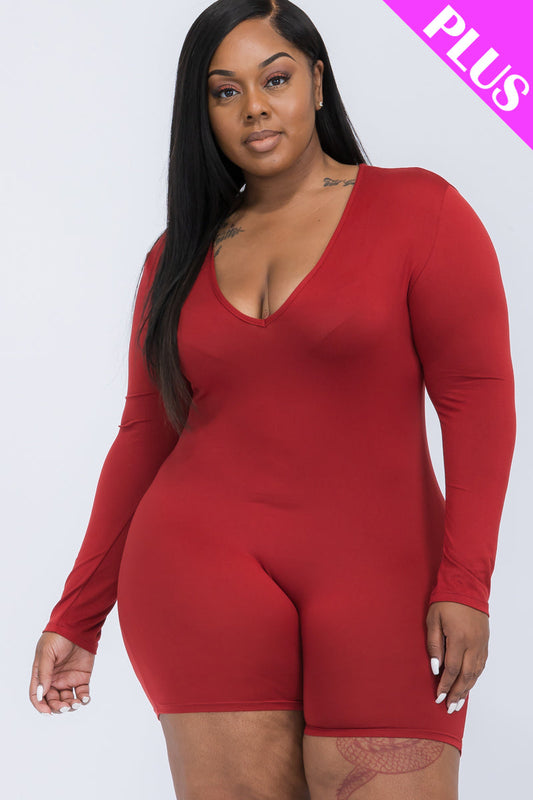 V-Neck Long Sleeve Bodycon Romper for Plus Size