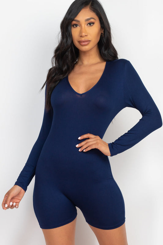 Long-sleeve V-neck bodycon romper