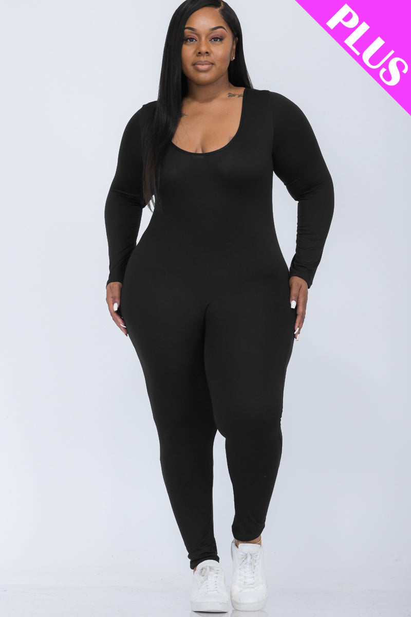 Plus Size Long Sleeve Scoop Neck Bodycon Jumpsuit