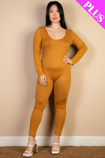 Plus Size Long Sleeve Scoop Neck Bodycon Jumpsuit