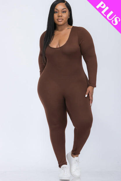 Plus Size Long Sleeve Scoop Neck Bodycon Jumpsuit