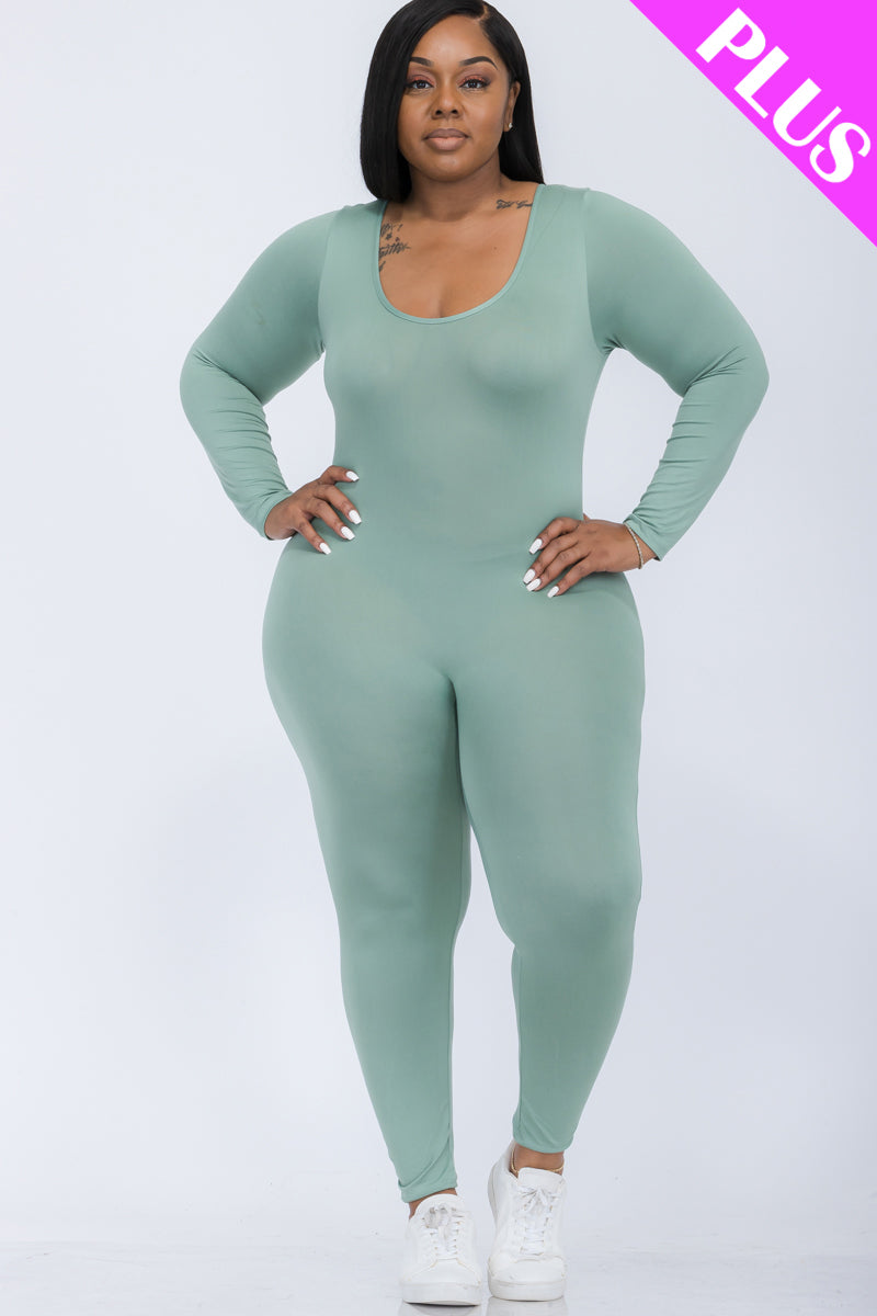 Plus Size Long Sleeve Scoop Neck Bodycon Jumpsuit