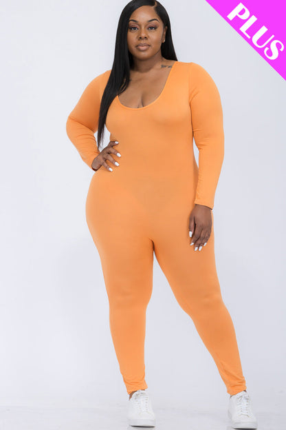 Plus Size Long Sleeve Scoop Neck Bodycon Jumpsuit