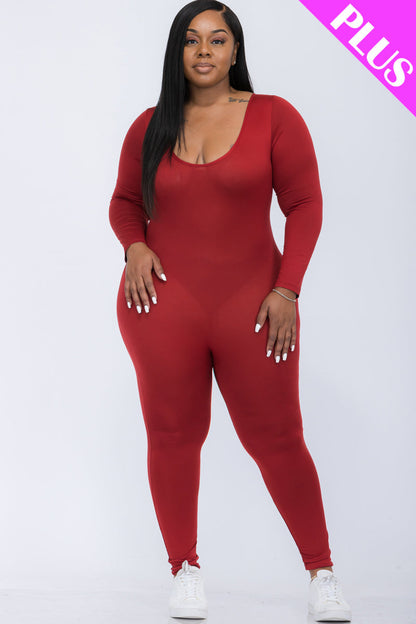 Plus Size Long Sleeve Scoop Neck Bodycon Jumpsuit