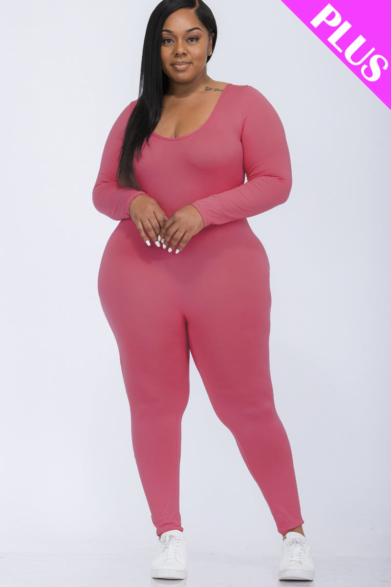 Plus Size Long Sleeve Scoop Neck Bodycon Jumpsuit