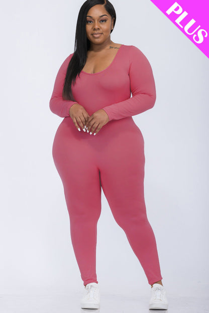 Plus Size Long Sleeve Scoop Neck Bodycon Jumpsuit