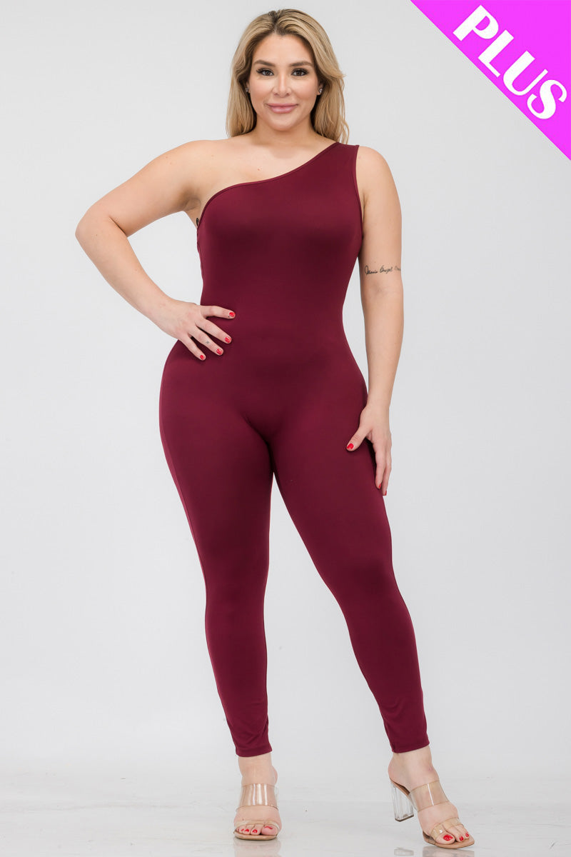 Plus Size One Shoulder Solid Color Jumpsuit