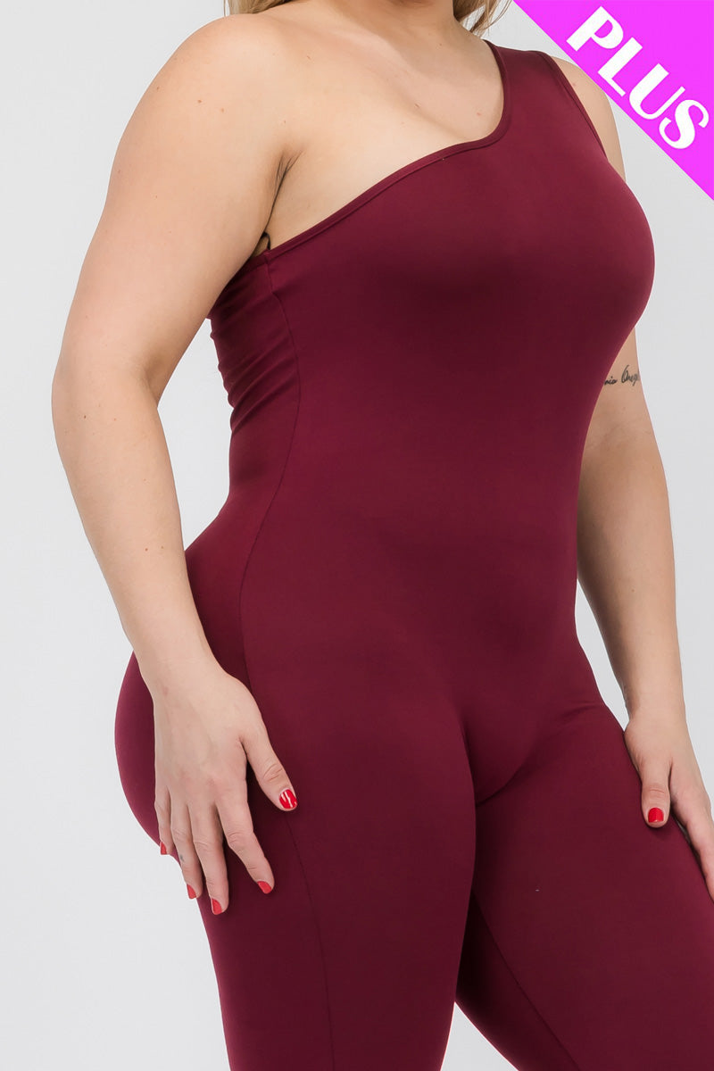 Plus Size One Shoulder Solid Color Jumpsuit