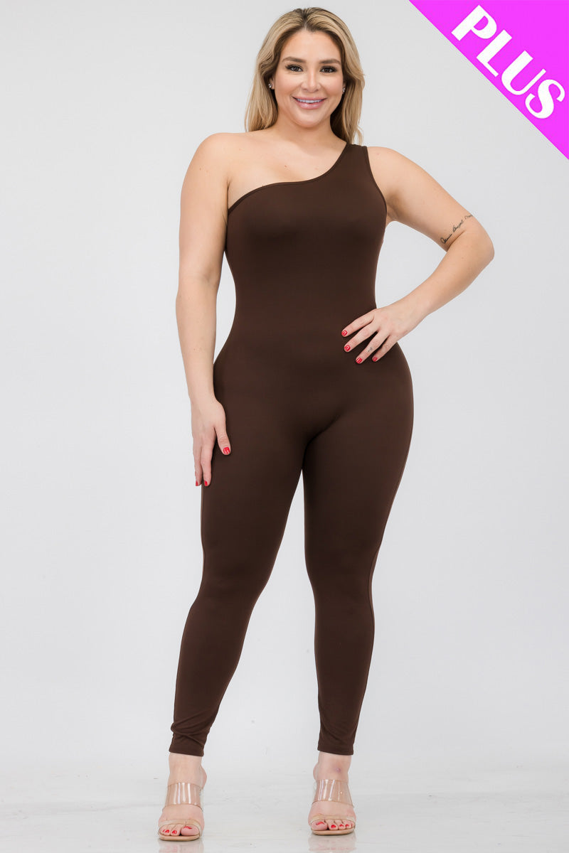 Plus Size One Shoulder Solid Color Jumpsuit