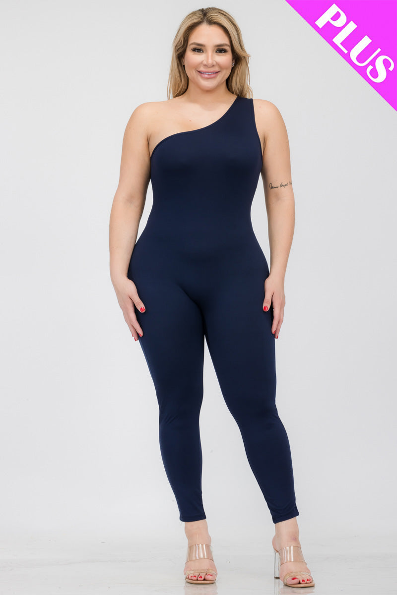 Plus Size One Shoulder Solid Color Jumpsuit