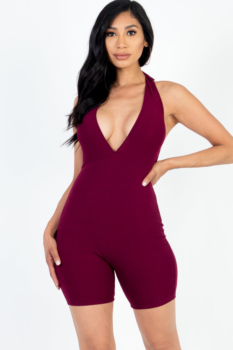 Relaxed Solid Halter V-Neck Ribbed Bodycon Playsuit