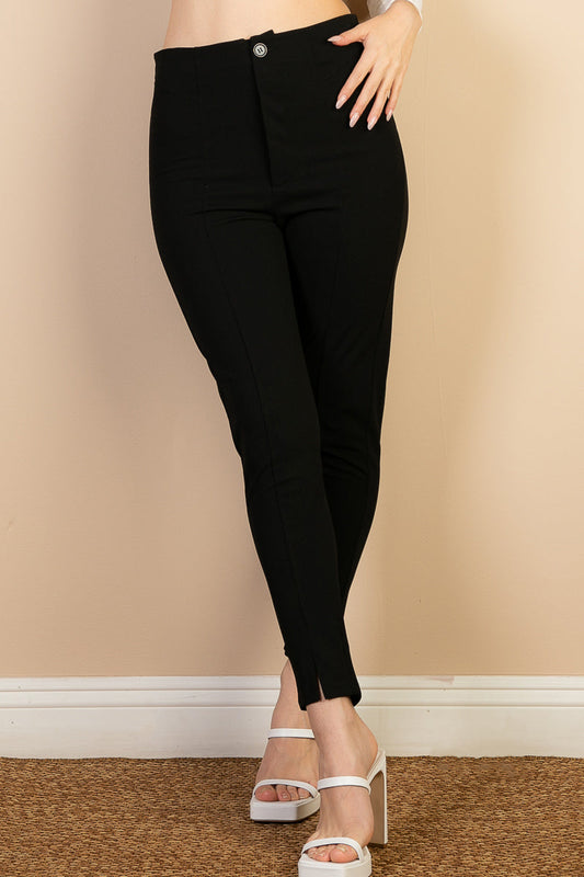 Skinny Pants with High Waist and Slit Hem